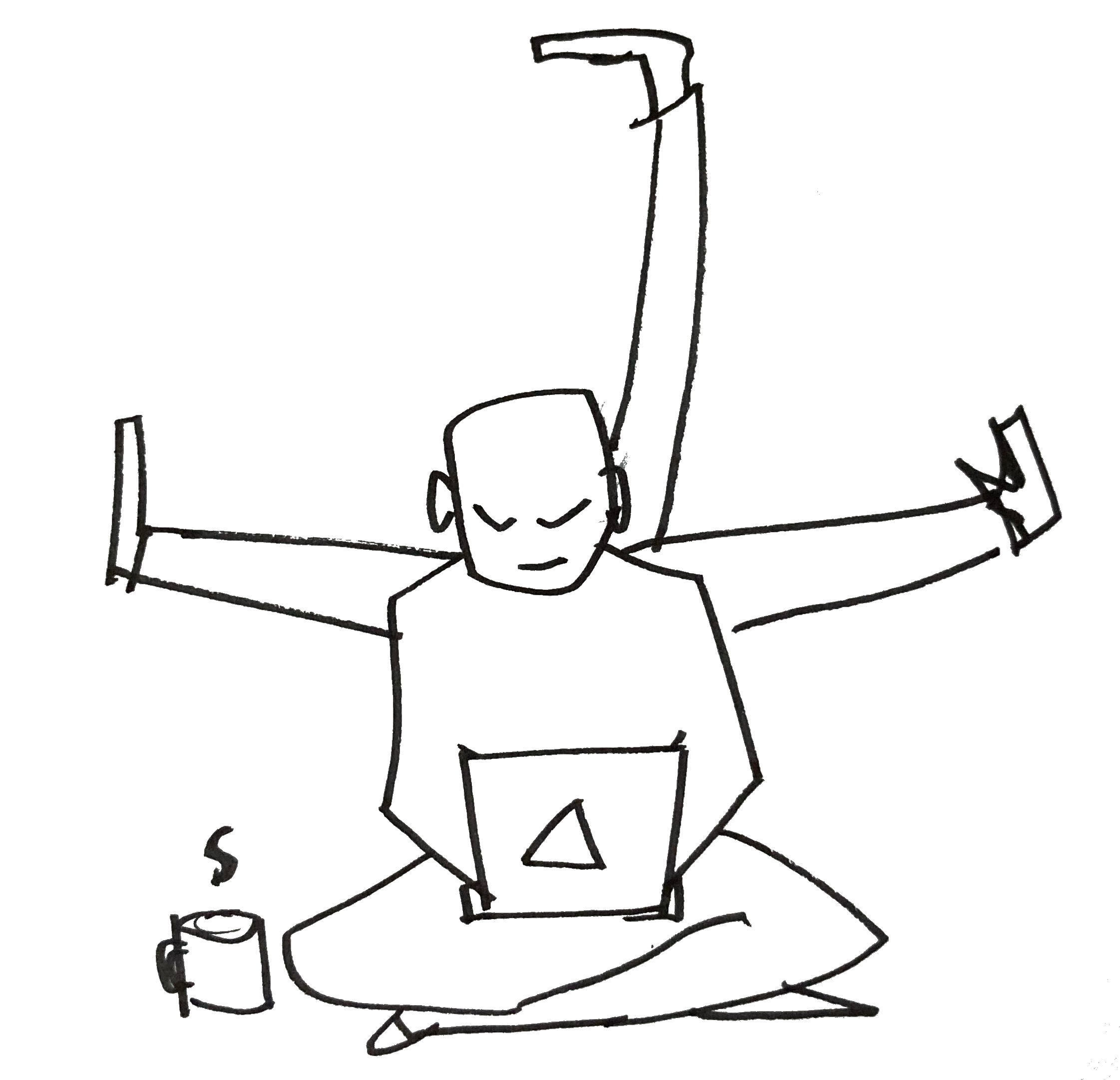 A person uses their computer. Three additional arms sprout from their back, each gesturing 'stop' in a different direction.